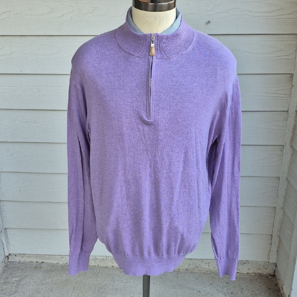 PETER MILLAR‎ Solid Purple Weave Cotton Silk Sz XL Mens 1/4 Zip Pullover Sweater